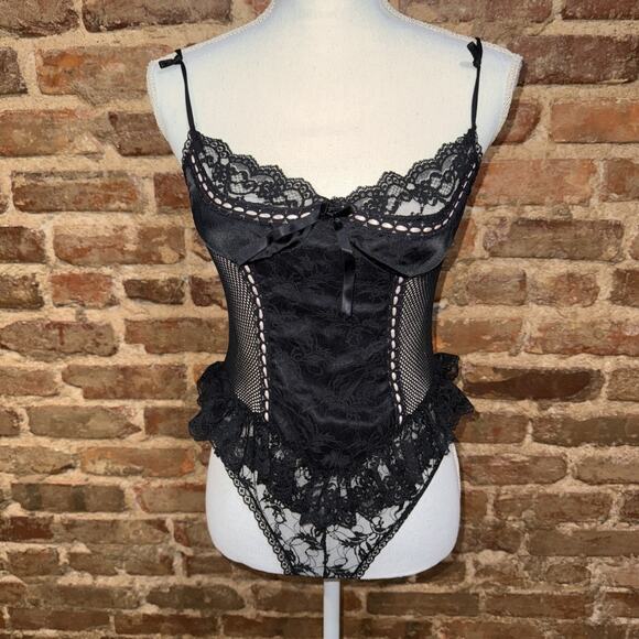 Unbranded Other - Vintage Black Fish Net Teddy Lingerie white Satin ribbon Bustier Sz M Burlesque